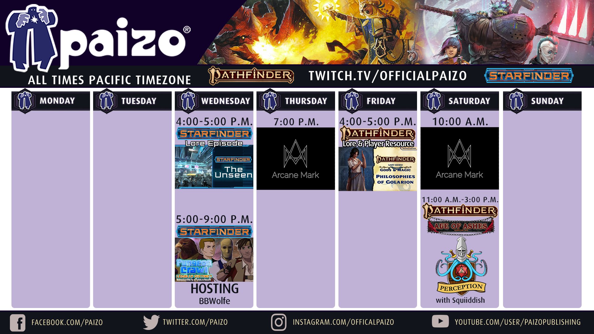 Paizo Here Is What S Happening This Week On Twitch T Co Vwzwad732d All Times Pacific Starfinder Wednesday At 4pm Pungeoncrawl Wed At 5pm Arcane Mark Thurs At 7pm Amp