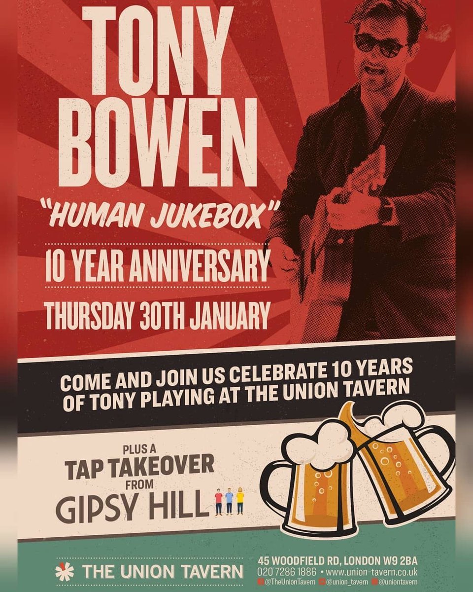 tonybowenmusic's tweet photo. Evening. This Thursday I’ll have been playing @union_tavern in #WestbournePark 10years (also played there when it was Grand Union!) so we are having a party. #ealinghour #livemusic @nightczar @MayorofLondon @Fullers @FullersEvents @GipsyHillBrew @CAMRA_London @taptakeover https://t.co/MgoZixPs26