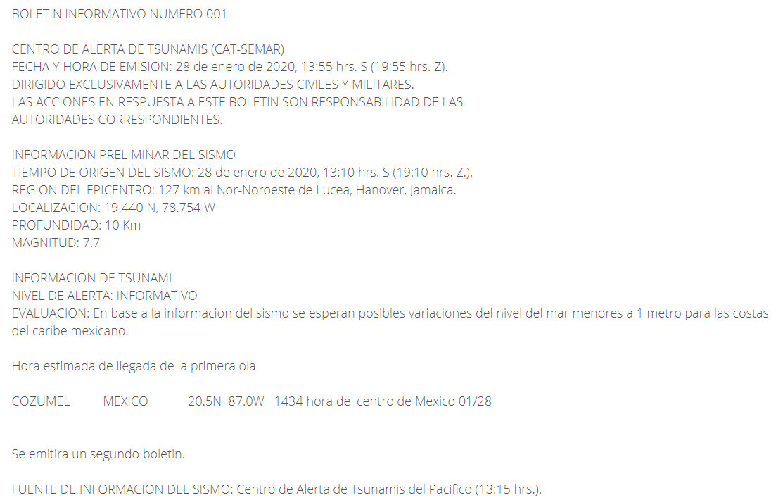 #TerremotoCaribe - actualización Tsunami.

Centro de Alertas de Tsunami (CAT) de la Semar, emite boletín informativo por amenaza de tsunami. Se estima que primeras olas puedan llegar a Cozumel, QRoo, a las 14:34 h (centro de Mex).
