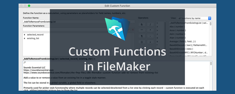 SoundsEssential's tweet image. If you use lists like we use lists, you might want this: check out our custom function for easily adding & removing items from a list, complete w/ demo file ow.ly/pZhy50y7n87
@ClarisOfficial #FileMaker #CustomFunctions #HowTo