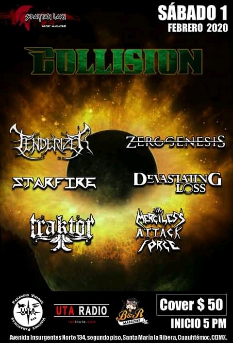 LlamadoBestia's tweet photo. 01 de Febrero en el @PARANOIDUTA se presenta #Collision con #Tenderizer @zerogenesisband #DevastatingLoss, @traktormexico #starfire y #TheMercilessAttackForce https://t.co/MNyqjxjxi9
