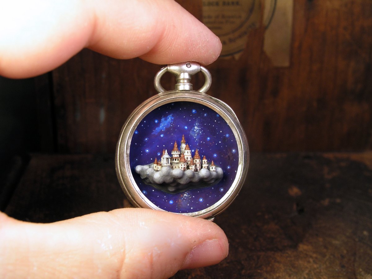 GregoryGrozos's tweet photo. A miniature city sits on a floating cloud while traveling through the night sky. Created inside an antique silver pocket watch. Enjoy!

You can find this along with my other creations at my online store:
https://t.co/GFkhFUY4ho https://t.co/WbZzIdRUJJ