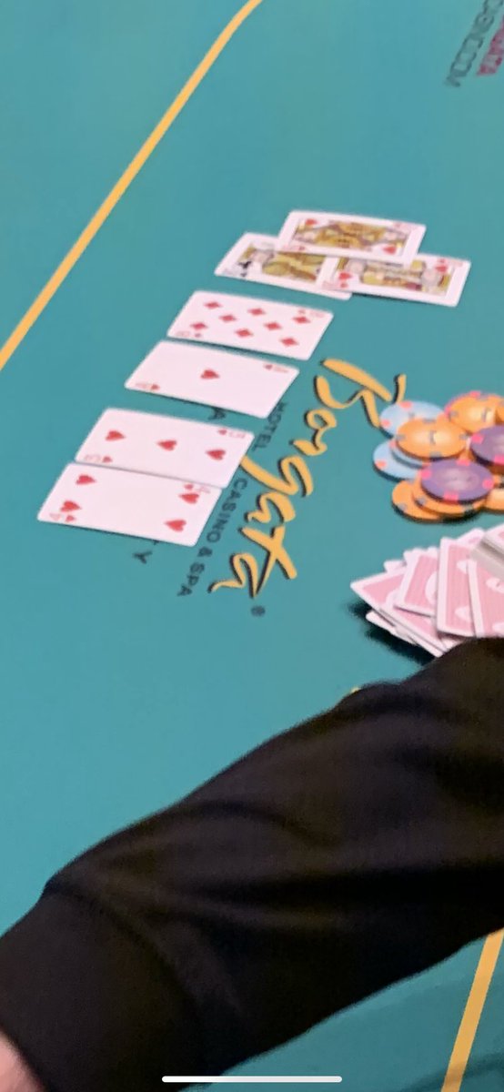 Smittyverse_'s tweet photo. Poker is a cruel, ill fated mistress.

AA vs KQ suited (from Ian O’hara, who only has $2.7 mill in winnings) for top 10 in chips in the tourney.  

Three bet pre, got checked raised on the all heart flop, shoved, and that’s all she wrote.  Sucks.  Royally sucks.  

Go Nate Go. https://t.co/aPyfE2O5xb