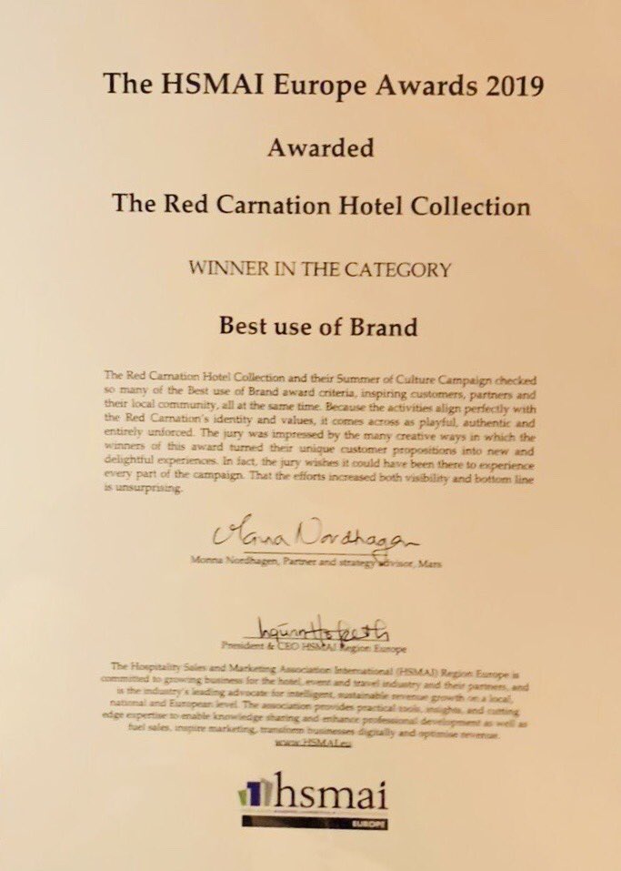 Thrilled to win the ‘Best use of Brand’ award at this years ⁦⁦<a href="/HSMAIeurope/">HSMAI Region Europe</a>⁩ Awards! Go team RCH! ⁦<a href="/red_carnation/">Red Carnation Hotels</a>⁩ #TTC ⁦<a href="/J_Raggett/">Jonathan Raggett</a>⁩ - thank you ⁦<a href="/HSMAIeurope/">HSMAI Region Europe</a>⁩ for the complimentary appraisal!