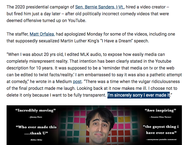 Maybe the Sanders campaign's model is Burlington College? Jane is pushing a video by the guy who got hired and fired within 24 hours for his "I Have A Wet Dream" MLK video... which is still online.  https://www.foxnews.com/media/bernie-sanders-video-creator-hired-fired-problematic-youtube