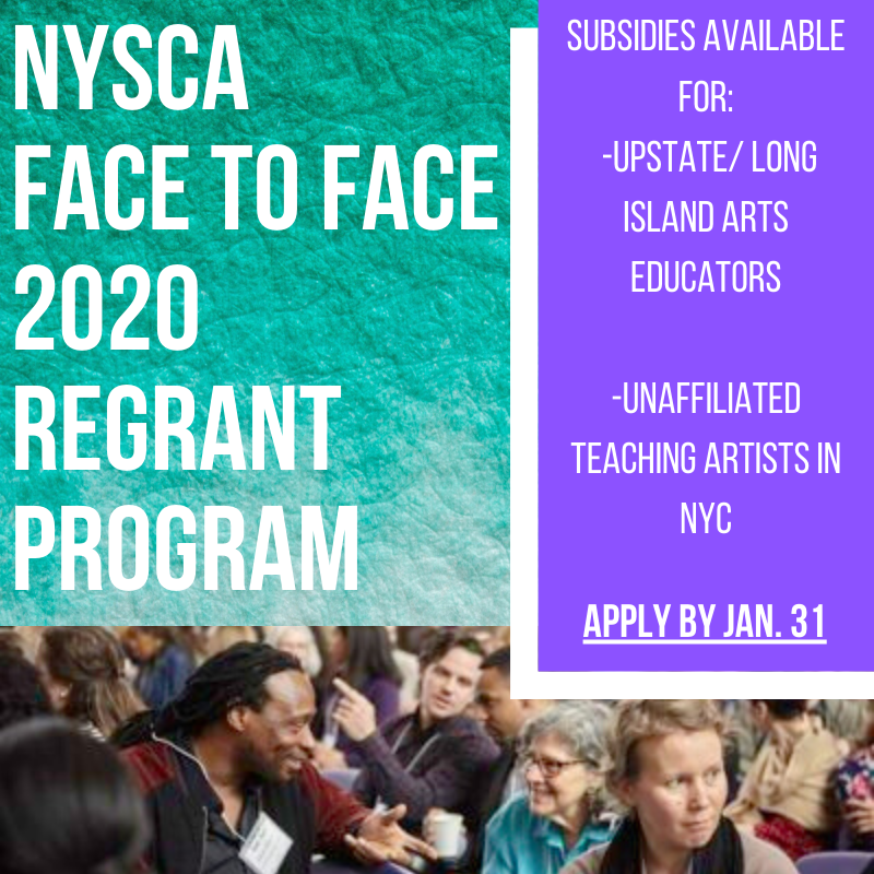 nycaier's tweet photo. Hurry! Apply by Jan. 31 for our NYSCA Face to Face Subsidy Programs for our upcoming Face to Face Conference (April 15-16) here:
https://t.co/XR3Taey7qg 

#nysca #f2f2020 #artsed #artsineducation #artseducators #artsadministration #nycaier #teachingartist #teachingartistlife https://t.co/U77pJp9IJ2