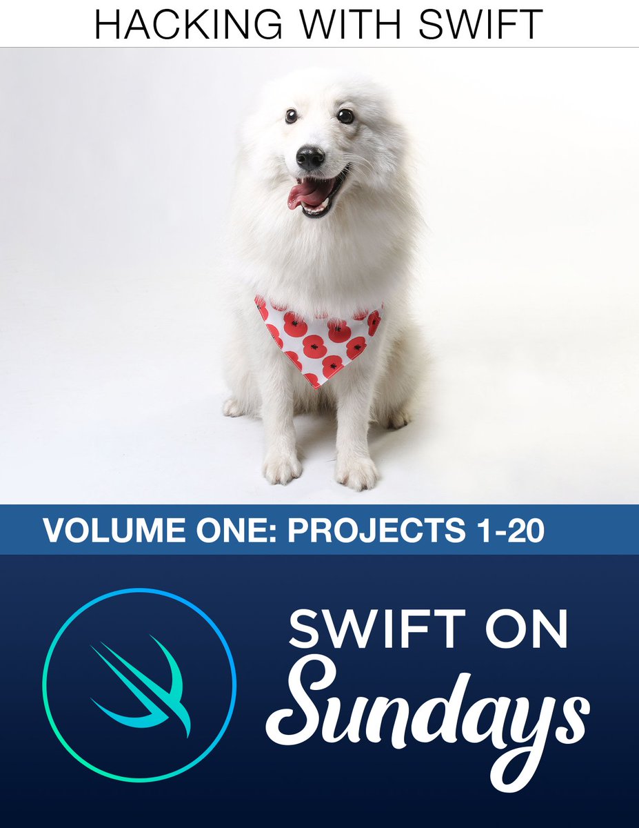 The cover for Swift on Sundays Volume One. It's a picture of a large white dog with a poppy neckerchief.