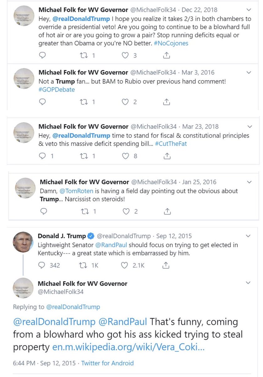 NotJohnMandt's tweet photo. Mike Folk in 2020: “I supported Donald Trump in 2016” 
Mike Folk in 2016: “not a Trump fan” “narcissist on steroids” “blowhard...” #wvpol #youarefakenews https://t.co/BuKOXExzZp