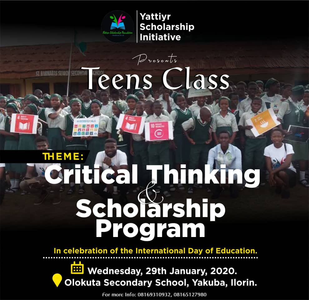 We will be training senior school students at Olokuta Secondary school, Ilorin on Critical Thinking tomorrow

#criticalthinking is a highly sought after leadership skill in the 21st century

In addition, 2 indigent students will be awarded full scholarship
<a href="/UNICEFEducation/">UNICEF Education</a>
