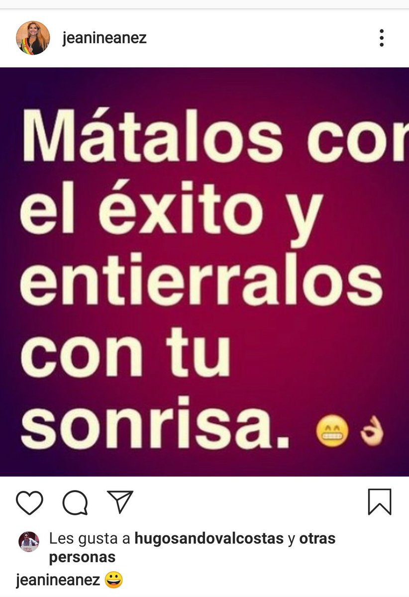 jagwara's tweet photo. Los discursos de Jeanine son frases de "desmotivaciones" con desarrollo mínimo, muy fiel a su estilo de postear en redes sociales. En el de hoy se gastó toda la intro para decir "tu envidia es mi beishu, Lizárraga".
Esta captura de pantalla es real #32muertos #justicia https://t.co/ZC8DEinNMK