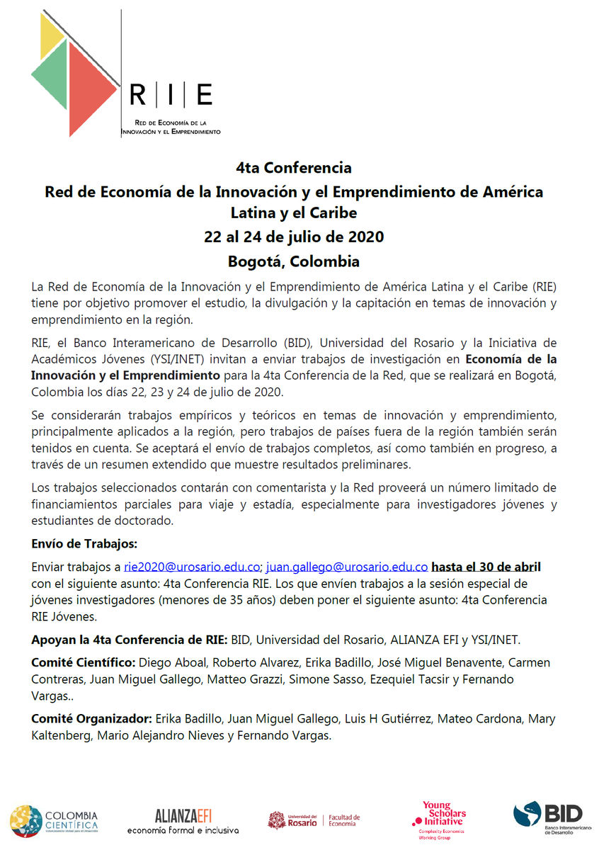 rie_latam's tweet photo. #Innovación #Emprendimiento LLamado a trabajos de investigación para la 4ta Conferencia RIE. Julio 2020 en Bogotá. Envíen vuestros trabajos! https://t.co/JE1Vadq9TR