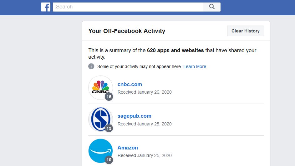 So, Facebook tells me it received personal data on me from 620 apps and websites over the last 6 months.

But nope, I won't press the 'clear history' button now, because this won't fix it. We need legislation+enforcement that stops this from happening for &gt;2bn people per default.