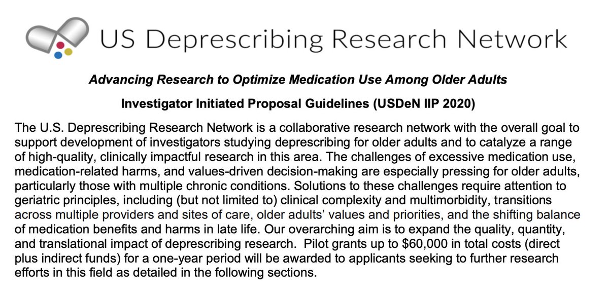 Pilot awards for #deprescribing now available through the US Deprescribing Research Network (@DeprescribeUS). Due date March 9 with optional letter of intent due February 10. Take a look and consider applying! deprescribingresearch.org/network-activi…