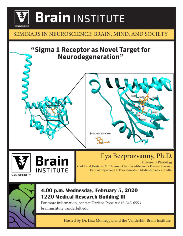 Brain Institute flyer for Bezprozvanny's talk, "Sigma 1 receptor as novel target for neurodegeneration." A fragment of a protein structure is shown, and the center portion is zoomed in on. The blown up section shows how (+)-pentazocine fits within a hollow of the protein. Bezprozvanny will be hosted by Lisa Monteggia and the Brain Institute. For info, contact 615 343 6553 or visit braininstitute.vanderbilt.edu.