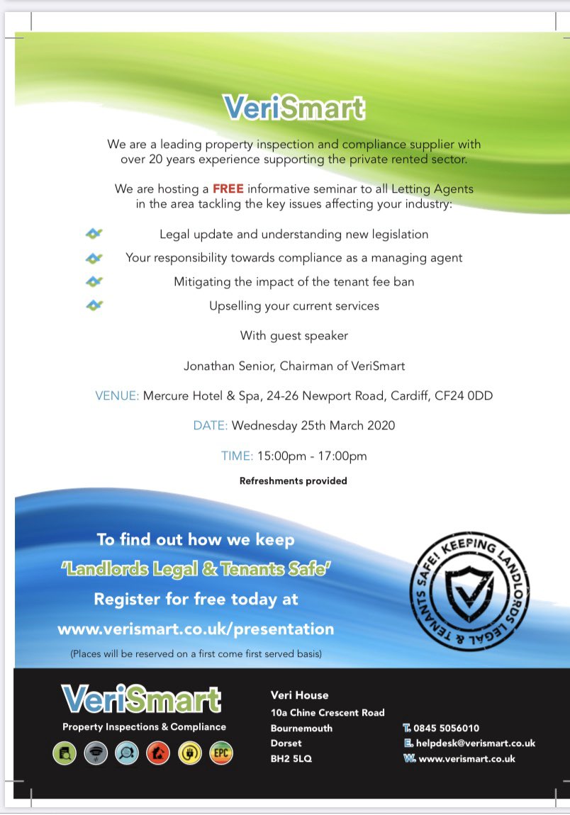 🏡 VeriSmart Presentation confirmed for Weds March 25th (3-5pm) at the Mercure Hotel &amp; Spa, Cardiff. Includes Legal updates, health &amp; safety requirements and your responsibilities as agents.

This is completely free and all agents are welcome, register your interest now!