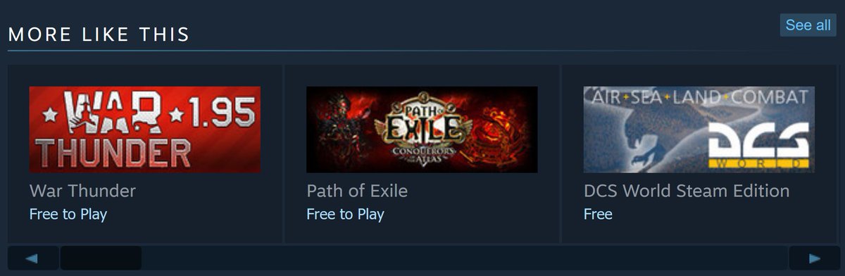 A "more like this" panel indicating that Steam thinks Frog Fractions is similar to War Thunder, Path of Exile, DCS World Steam Edition.