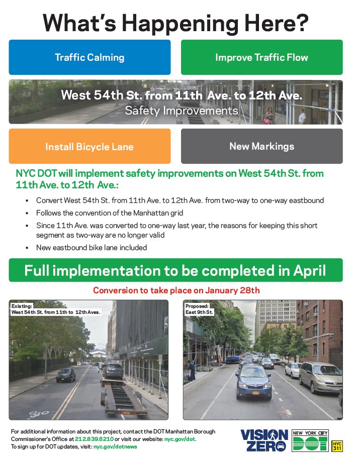 What's happening here: DOT will implement safety improvements on West 54th St from 11th Ave to 12th Ave including converting west 54th St to one-way eastbound. Follows the convention of the Manhattan grid. Since 11th Ave was converted to one way last year, this street segment doesn't need to be two way any more. New eastbound bike lane is included. Full implementation will be completed in April. 