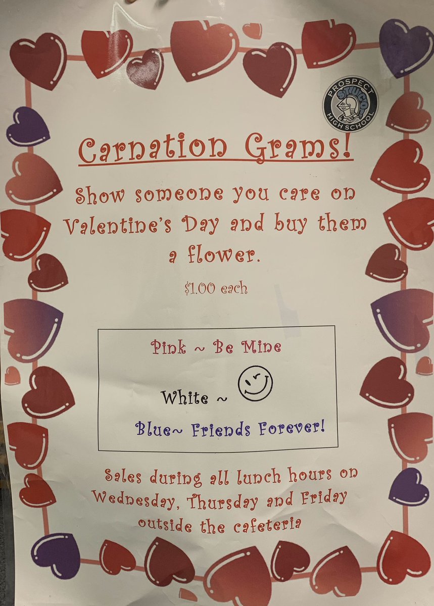 ProspectStuCo's tweet photo. Carnation grams for sale Wednesday-Friday.  $1 per flower. 🌸💕 @KnightsofPHS @PHS_Underground https://t.co/lJRp7HZ4A8