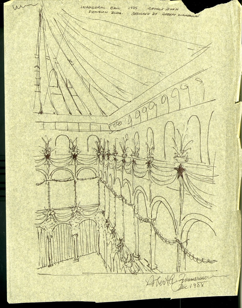 BuildingMuseum's tweet photo. The Museum's Great Hall has hosted inaugural balls for 14 presidents, with the first happening in 1885 before the building was completed. Robert Zimmerman was hired to design George H.W. Bush’s 1989 ball. Here’s a concept sketch he made for decorations.
#40artifacts #40years https://t.co/Roo10p5lMz