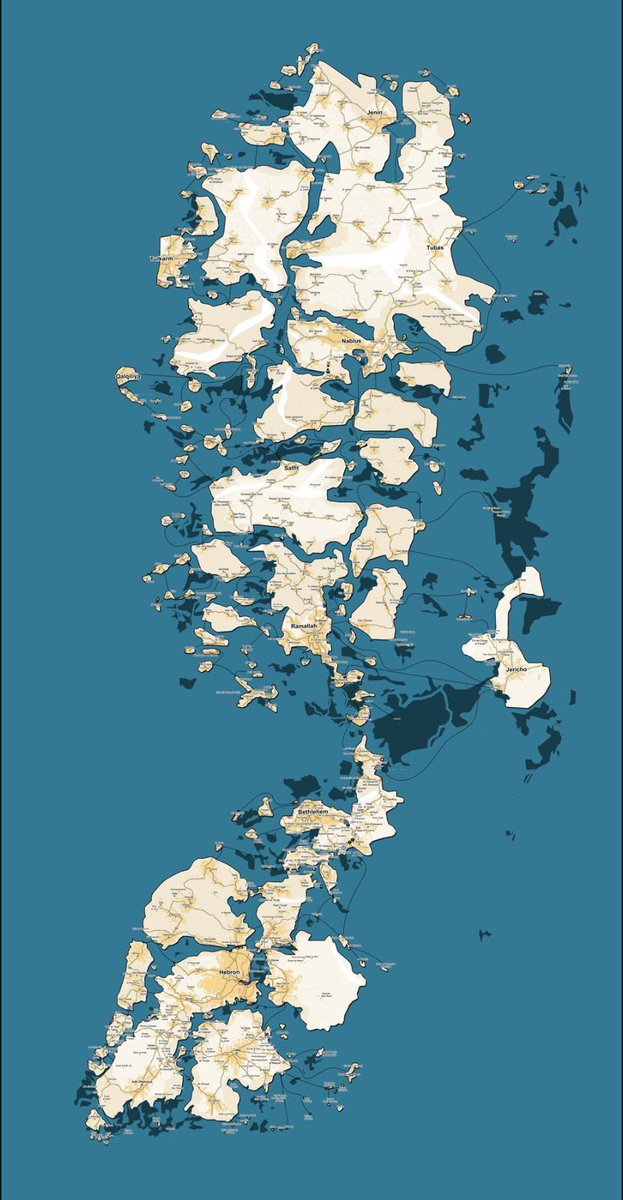 اظهروا الخريطة التي الى اليسار بهذا الشكل ليخدعوا الناس ان المناطق الفلسطينيةمتصلة ببعضها البعض في الضفة الغربية. الخريطة الاصلية الواقعية الى اليمين.