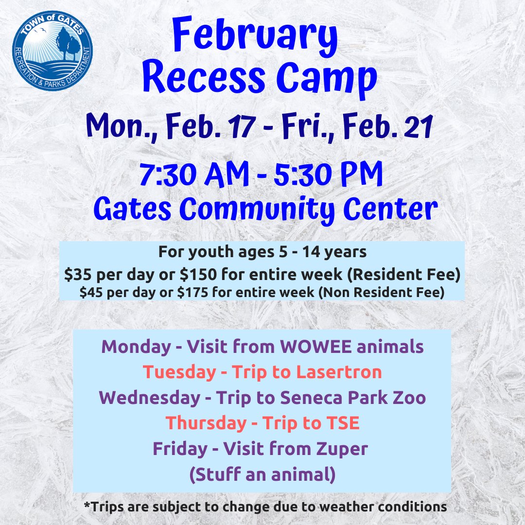 February Recess is less than 3 weeks away!  Here is a look at the trips and visitors for our camp.  Sign up for one day or the whole week! Spaces are limited!  #gatesrec #gatesrecreation
