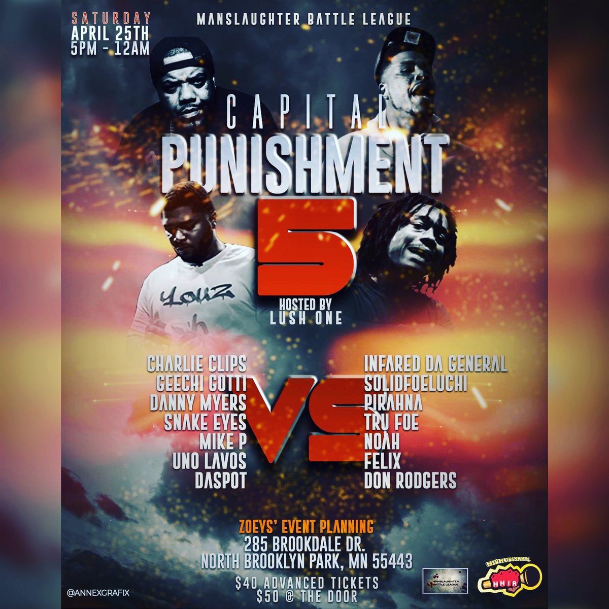 Manslaughter Battle League ποΈ #LLTR (@manslaughtermn) on Twitter photo <a href="/manslaughterMN/">Manslaughter Battle League ποΈ #LLTR</a> Present #CapitalPunishment5 Hosted by <a href="/LushOne/">GTX Uno</a> #CharlieClips vs <a href="/In4red_MANDOWN/">Infared Tha General</a> <a href="/GeechiGotti/">illumigotti</a> x <a href="/SolidFoeLuchi/">SolidFoe Luchi</a> <a href="/metaphormessiah/">DANNY MYERS</a> x @CeoPiranha <a href="/SnakeEyes074/">Snake Eyes</a> x <a href="/foe_tru/">Tha Solid One π€²πΎIV</a> <a href="/isthismike_p/">Mike</a> x <a href="/noahraps/">Noah Carlson</a> <a href="/Unolavoz215/">B.R Kevin Hart</a> x <a href="/felixholden_/">Averagin'_30</a> <a href="/DaSpotWasHere/">DA SPOT</a> x <a href="/iamdonrodgers/">DON RODGERS</a> #Retweet <a href="/manslaughterMN/">Manslaughter Battle League ποΈ #LLTR</a> Present #CapitalPunishment5 Hosted by <a href="/LushOne/">GTX Uno</a> #CharlieClips vs <a href="/In4red_MANDOWN/">Infared Tha General</a> <a href="/GeechiGotti/">illumigotti</a> x <a href="/SolidFoeLuchi/">SolidFoe Luchi</a> <a href="/metaphormessiah/">DANNY MYERS</a> x @CeoPiranha <a href="/SnakeEyes074/">Snake Eyes</a> x <a href="/foe_tru/">Tha Solid One π€²πΎIV</a> <a href="/isthismike_p/">Mike</a> x <a href="/noahraps/">Noah Carlson</a> <a href="/Unolavoz215/">B.R Kevin Hart</a> x <a href="/felixholden_/">Averagin'_30</a> <a href="/DaSpotWasHere/">DA SPOT</a> x <a href="/iamdonrodgers/">DON RODGERS</a> #Retweet