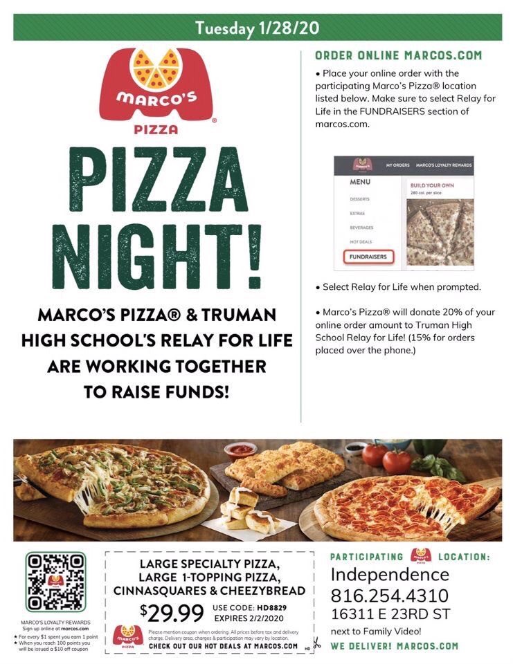 JCRelay4Life's tweet photo. Two AMAZING opportunities to help donate to the American Cancer Society! Marco’s pizza night tonight 🍕 and Dig for a Difference tomorrow night 🏐 #jcrelay4life2020 https://t.co/5GklZ4zAca