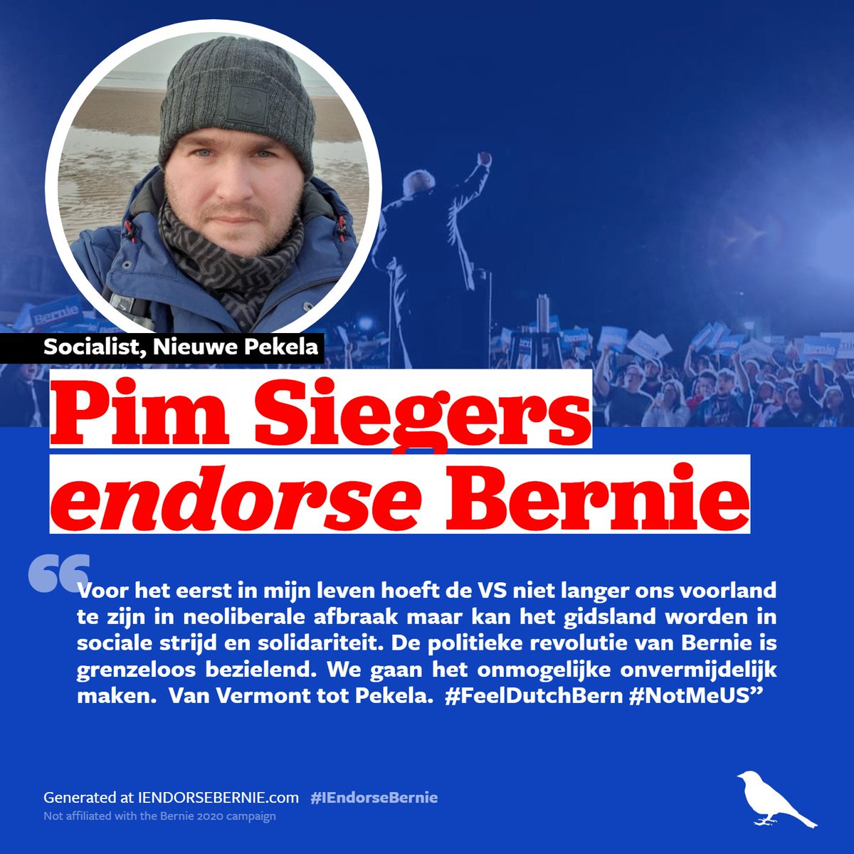 PimSiegers's tweet photo. Tikkeltje grotesk natuurlijk maar zelden zo begeesterd geraakt als door @BernieSanders rond 2010. Wat hij nu flikt is buiten alle logica van toen en nu. Maar dat is wat hij doet: het schier onmogelijke. Met een niet te kloppen beweging. Wat een tijd. Wat een kans. #IEndorseBernie https://t.co/btmQw0OfPE