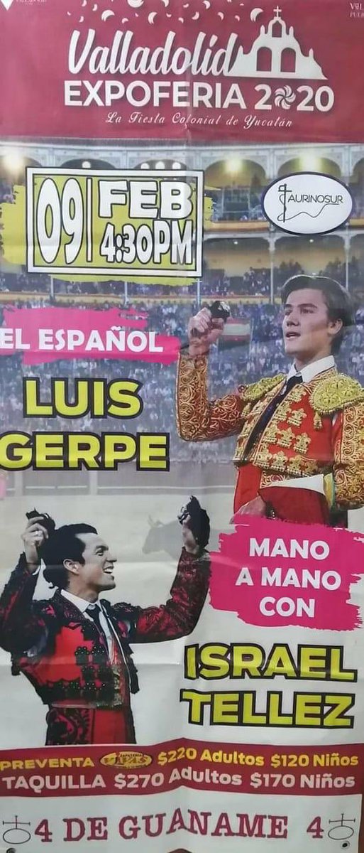 Feliz de anunciar una fecha más. 
Los espero este 9 de Febrero en Valladolid, Yucatán, donde partiré Plaza junto al matador Luis Gerpe. 

¡Los espero!