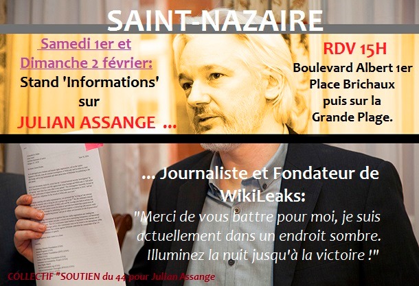 FrancaisUnity4's tweet photo. #EVENEMENTS 📍 Saint-Nazaire (44) - par le Collectif 44 en soutien à Julian #Assange:

Lundi 3 février :
RÉUN° PUBLIQUE sur Julian Assange &amp; #WikiLeaks.

Samedi 1er &amp; Dimanche 2 février :  
STAND D'INFOS sur Julian Assange e&amp;WIkiLeaks.

#Unity4J 
#Unity4JFrance
#FreeAssangeNOW ! https://t.co/iBRpf3hsxz