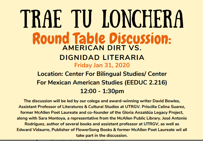 David Bowles (has left this place) (@davidobowles) on Twitter photo If you're in the RGV this Friday at noon, come join us in the <a href="/UTRGV_CMAS/">UTRGV CENTER FOR MEXICAN AMERICAN STUDIES</a> for a round table conversation:
#AmericanDirt vs. #DignidadLiteraria If you're in the RGV this Friday at noon, come join us in the <a href="/UTRGV_CMAS/">UTRGV CENTER FOR MEXICAN AMERICAN STUDIES</a> for a round table conversation:
#AmericanDirt vs. #DignidadLiteraria