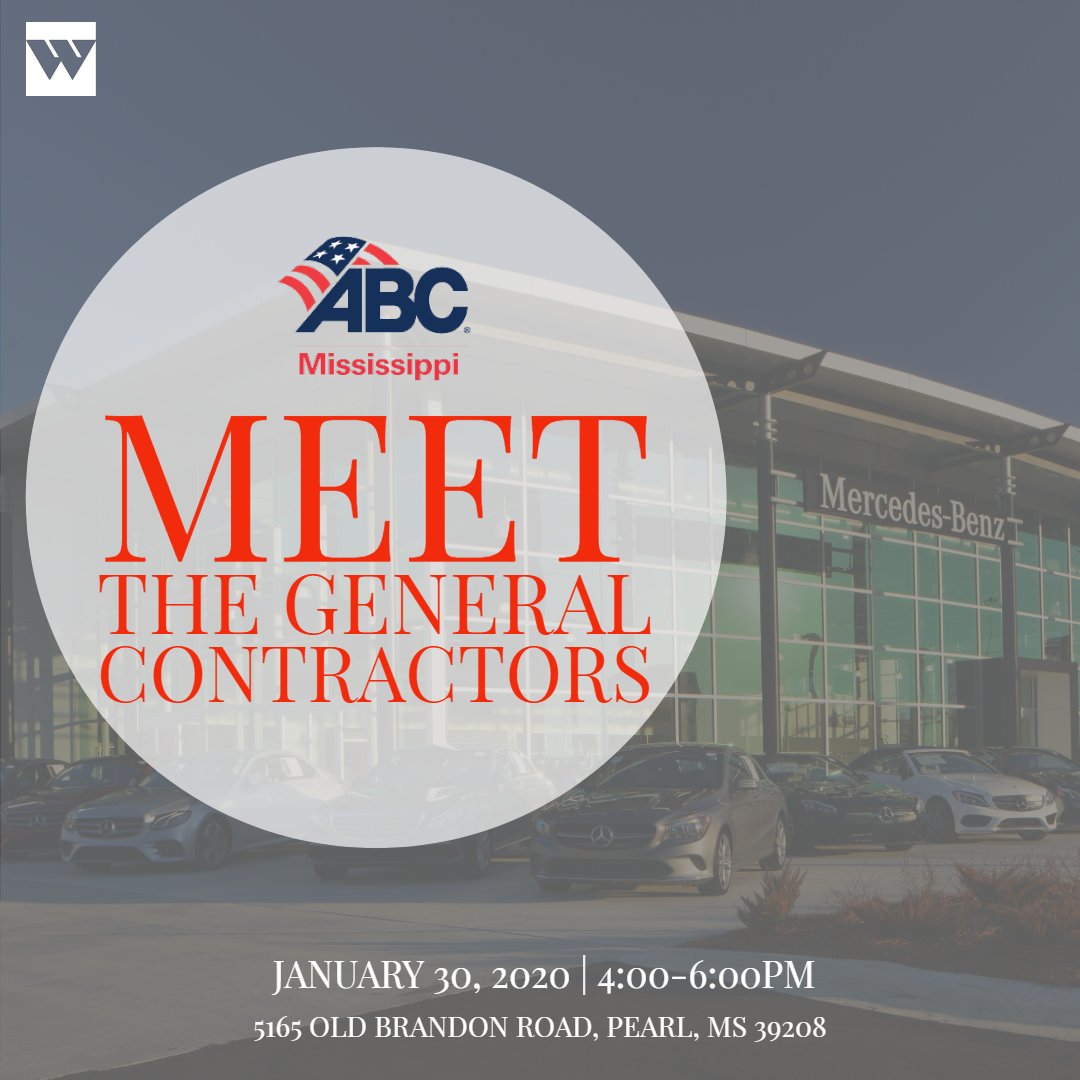 whiteconstcom's tweet image. Join #WCC at @abc_mississippi's MEET THE GENERAL CONTRACTORS on January 30th! Register online and connect with industry leaders.