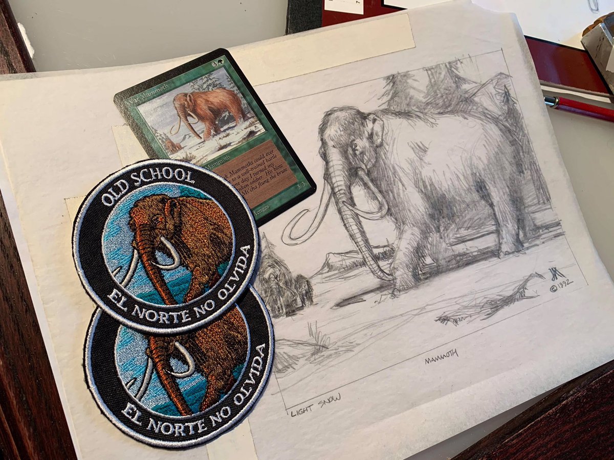diliz13's tweet photo. This is 🔥🔥🔥🔥 Jeff A. Menges sent me a photo of the original sketch used to make the Alpha War mammoth card. Our patches look beautiful on its side!! #OldSchoolMtg #MtgElNorteNoOlvida https://t.co/XcowdW5a6l