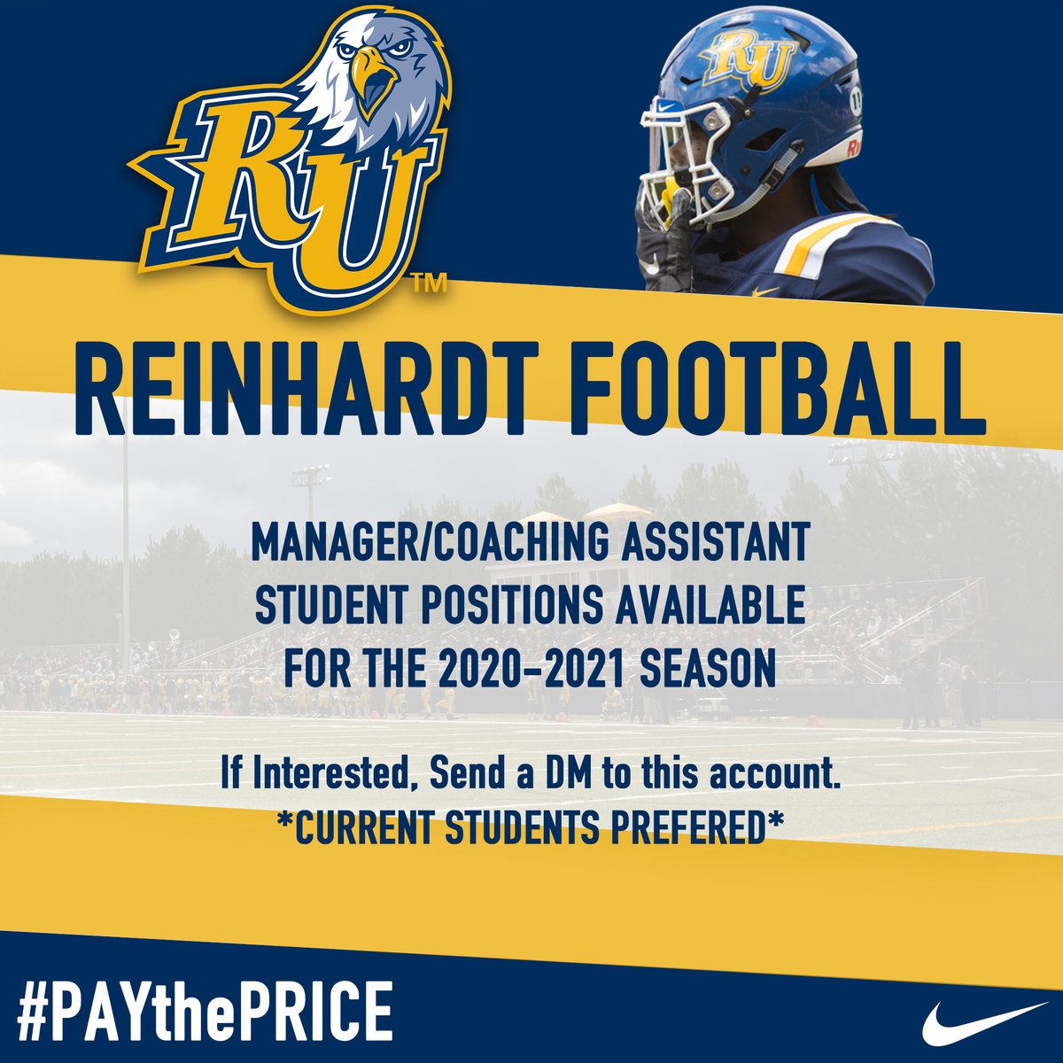 ReinhardtFB's tweet photo. Looking for Student Managers/Coaching assistants for this upcoming season.  We look forward to speaking with you! https://t.co/xxljZsfUcC