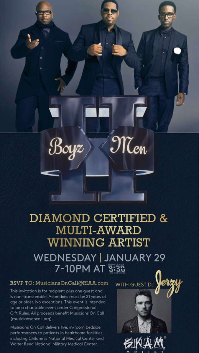Jerzy (@jerzymuzik) on Twitter photo I’m going to cry at this show....DC tomorrow night w/ <a href="/BoyzIIMen/">Boyz II Men</a>
<a href="/RIAA/">RIAA</a> + <a href="/Spotify/">Spotify</a> charity event benefiting <a href="/Musiciansoncall/">Musicians On Call</a> & the amazing work they do in bringing the healing #PowerofMusic to patients in hospitals across the country. #MOCBoyz2Men I’m going to cry at this show....DC tomorrow night w/ <a href="/BoyzIIMen/">Boyz II Men</a>
<a href="/RIAA/">RIAA</a> + <a href="/Spotify/">Spotify</a> charity event benefiting <a href="/Musiciansoncall/">Musicians On Call</a> & the amazing work they do in bringing the healing #PowerofMusic to patients in hospitals across the country. #MOCBoyz2Men