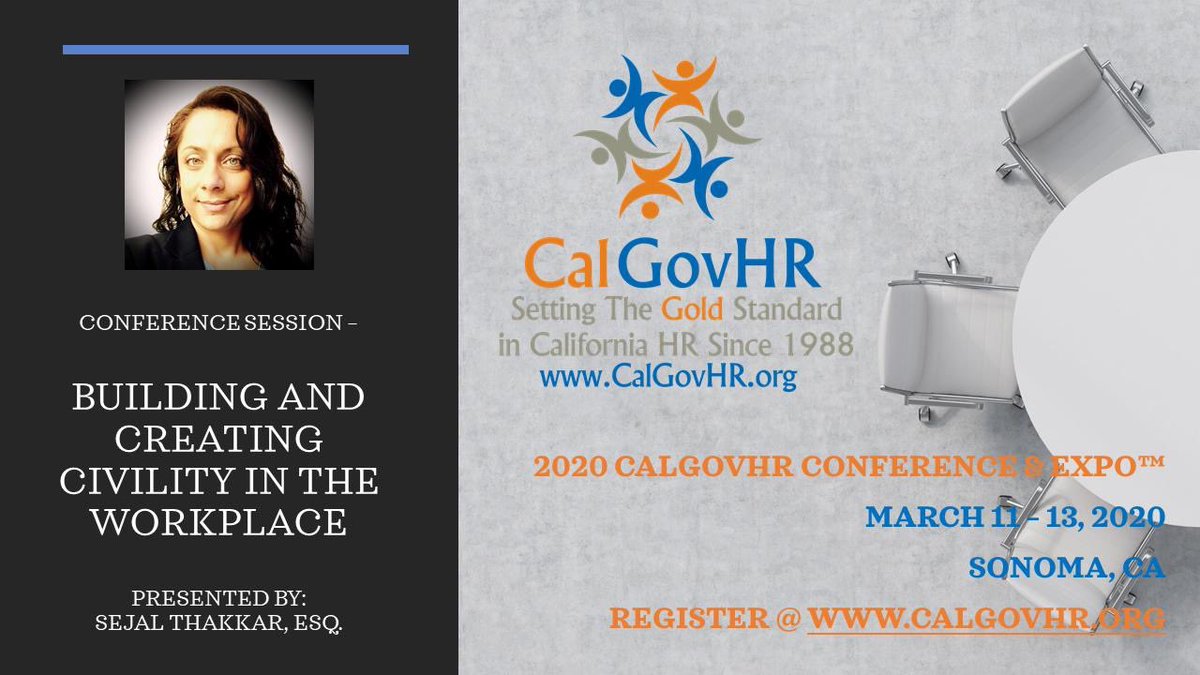 In fitting with our 2020 Conference theme of Building the Future of California HR, Together! - CalGovHR is pleased to welcome Sejal Thakkar, Chief Civility Officer of TrainXtra as a presenter on the topic of "Building &amp; Creating Civility in the Workplace".