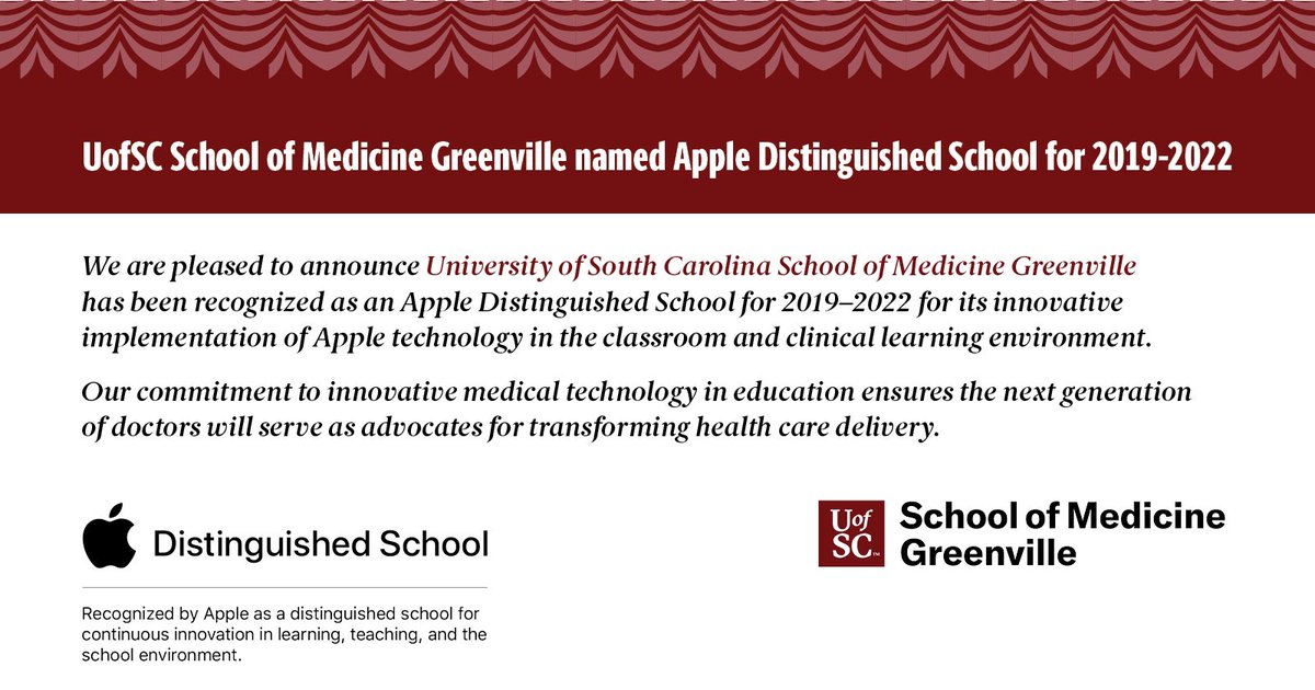 We are so excited to share our news! UofSC School of Medicine Greenville has been recognized as an Apple Distinguished School for 2019–2022!
Stay tuned for more from our celebration event!
#AppleDistinguishedSchools
#UofSCSOM