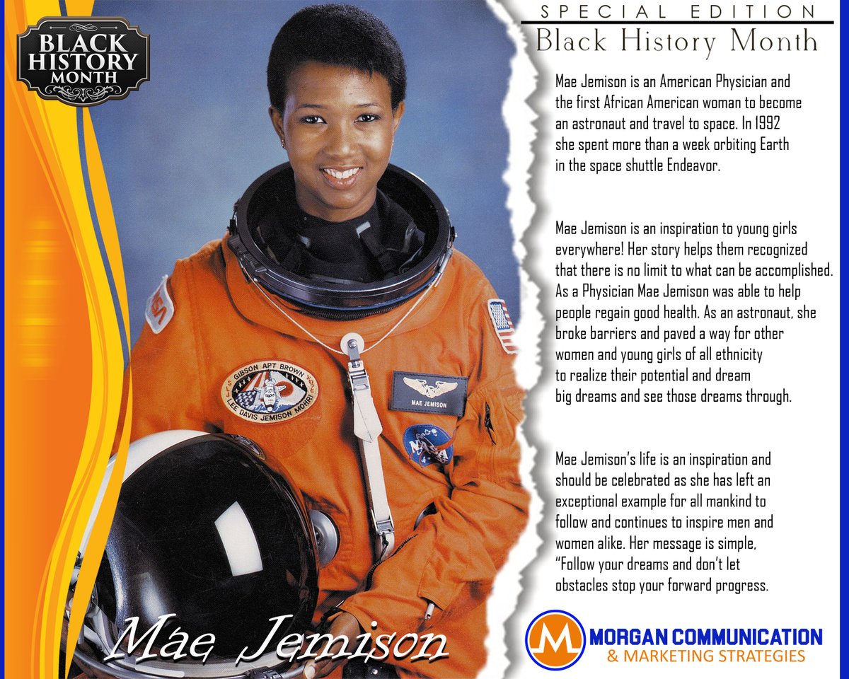 MyonMorgan's tweet photo. Mae Jemison is an American Physician and 
the first African American woman to become
an astronaut and travel to space. In 1992
she spent more than a week orbiting Earth
in the space shuttle Endeavor. 

#inspiretheconversation #blackhistory #morgancommunication #blackhistorymonth https://t.co/A7mZaWdGKy
