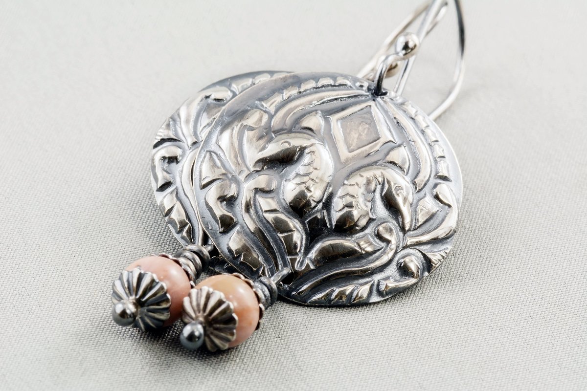 Just listed another pair of these beautiful earrings in my #etsy shop: Round Silver Peacock Patterned Disk Dangle Earrings etsy.me/3bgHuxo #handmadejewellery #earrings #artnouveau  #pink # peacock #silverobsessions