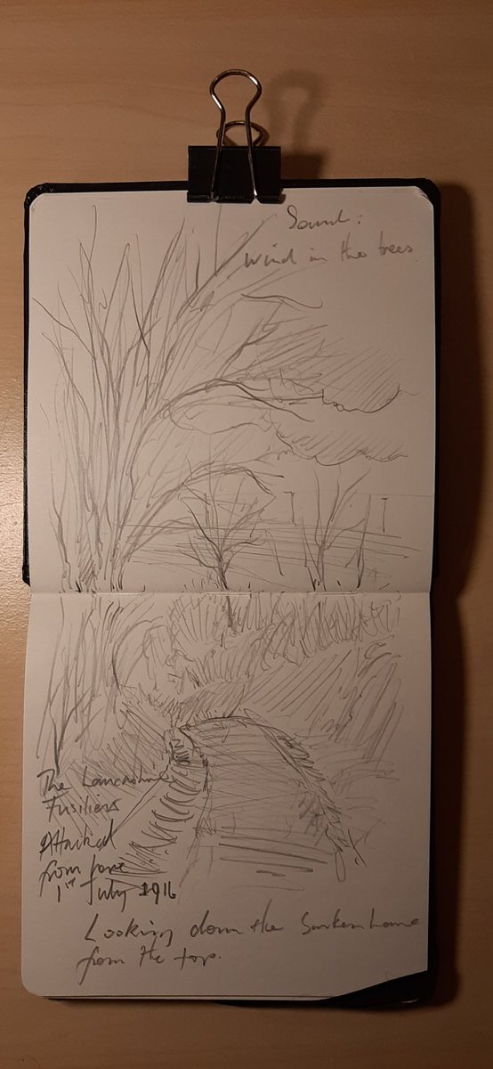 Martin_Impey's tweet photo. Sunken Lane the exact spot where the Lancashire Fusiliers went over the top on 1st of July 1916. A very special place. #pagesfrommysketchbook as part of my #artistinresidence for @UCL_FWWCBTP #fwwcbtp 
#wewillrememberthem @sommecourt @TheWFA @HistoryNeedsYou @PoppyLegion #WW1 https://t.co/G0EIzVv8Kc