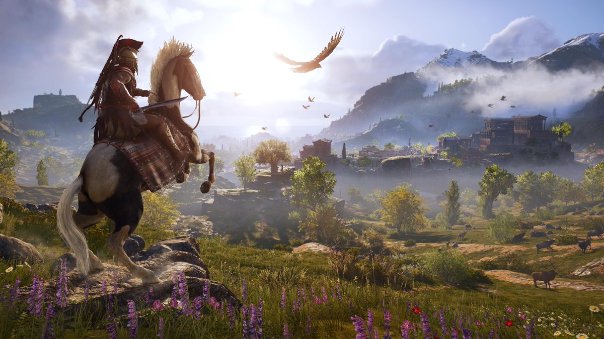 Screenshot of Assassin's Creed: Odyssey showing a man on a rearing horse looking out over a valley full of trees 