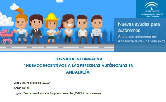 Anota esta fecha en tu agenda‼️ 
🗓️ 6️⃣ de febrero de 2.020 Hora: 10:00 h 
🔝 Jornada Informativa "Nuevos Incentivos a las personas Autónomas en Andalucía" en #CADE #Tomares 

✍️✍️Informate e inscríbete!! bit.ly/2OhLfZg

<a href="/aemprende/">Andalucía Emprende</a> <a href="/EmpleoJunta/">Consejería de Empleo, Empresa y Trabajo Autónomo</a>