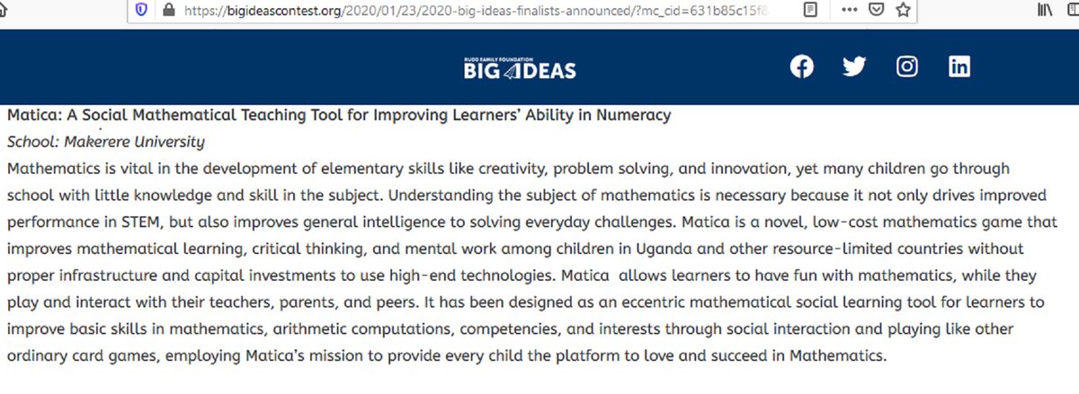 MATICA_ug's tweet photo. We are among the finalists of this year's Big Ideas Contest in the education category. We hope for better results and looking forward to improving learners interest in Mathematics.
#Play_the_Math
@AfricaResilient @MakerereU @BigIdeasContest https://t.co/2LruGiaayD