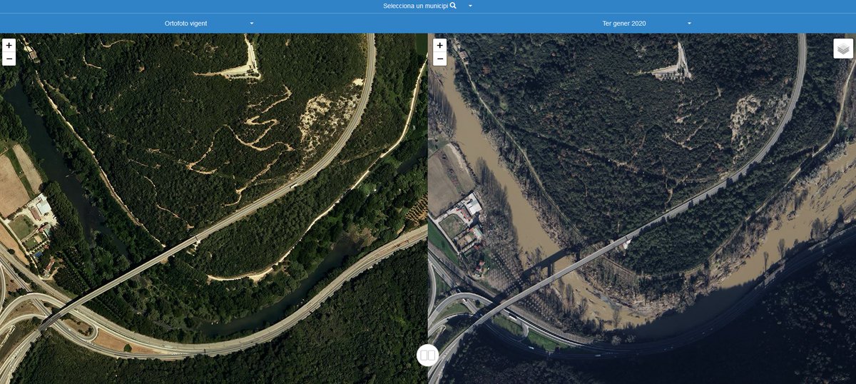 Ahir es va aprovar una primera partida d'11 milions d'euros per pal·liar els efectes del temporal #Glòria.

📷 El visor fotogràfic de l'<a href="/ICGCat/">ICGC. Generalitat</a> compara les imatges d'abans de la tempesta i de després, com en el cas de les zones afectades del Ter 👉 gen.cat/2Sq2dGq