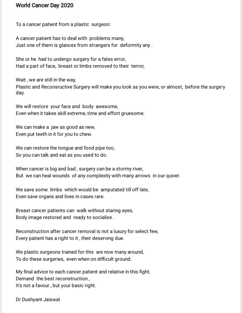 A poem on world cancer day by a plastic surgeon. Very well written Dr Dushyant Jaiswal.