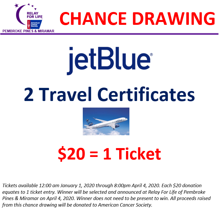 PRosepromo's tweet photo. Want to fly away on an adventure &amp; help save lives by doing it? You can win two #JetBlue round trip travel certificates &amp; support #AmericanCancerSociety. Visit https://t.co/eLBQKTdCxY
(details and rules in How We Relay section)

Thank you JetBlue for your continued support! https://t.co/pjsROt4RK6