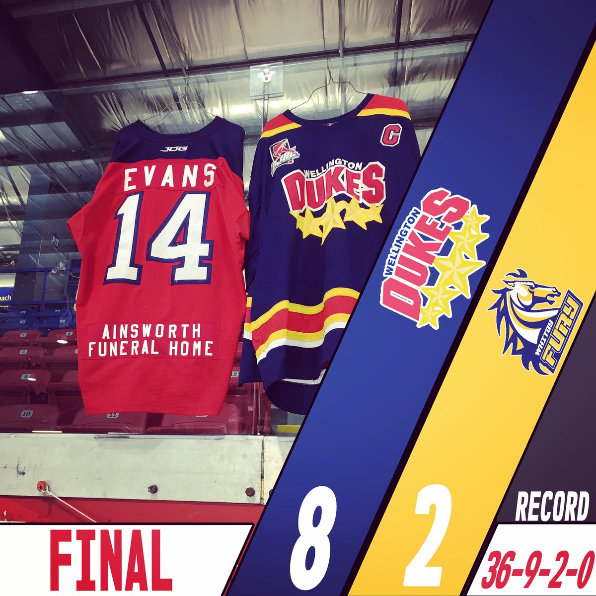 That’s a final; the Dukes defeat the <a href="/whitbyfury/">Derek Sharp</a> behind a total team effort with injured captain <a href="/benevans917/">Ben Evans</a> jersey hanging behind the bench. Final shots were 45-27 for Wellington #BE14