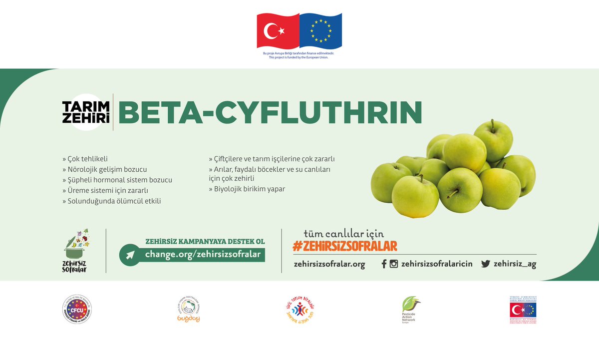 Tarım ilacı değil, zehir.
Türkiye'de pestisit kullanımı son 4 yılda %51 arttı.
Bunlardan biri beta-cyfluthrin.
Çocuklar, çiftçiler, arılar, faydalı böcekler ve su canlıları için çok tehlikeli.
Zehirsiz Kampanya'ya destek ol; yasaklansın: Change.org/ZehirsizSofral…

#ZehirsizSofralar