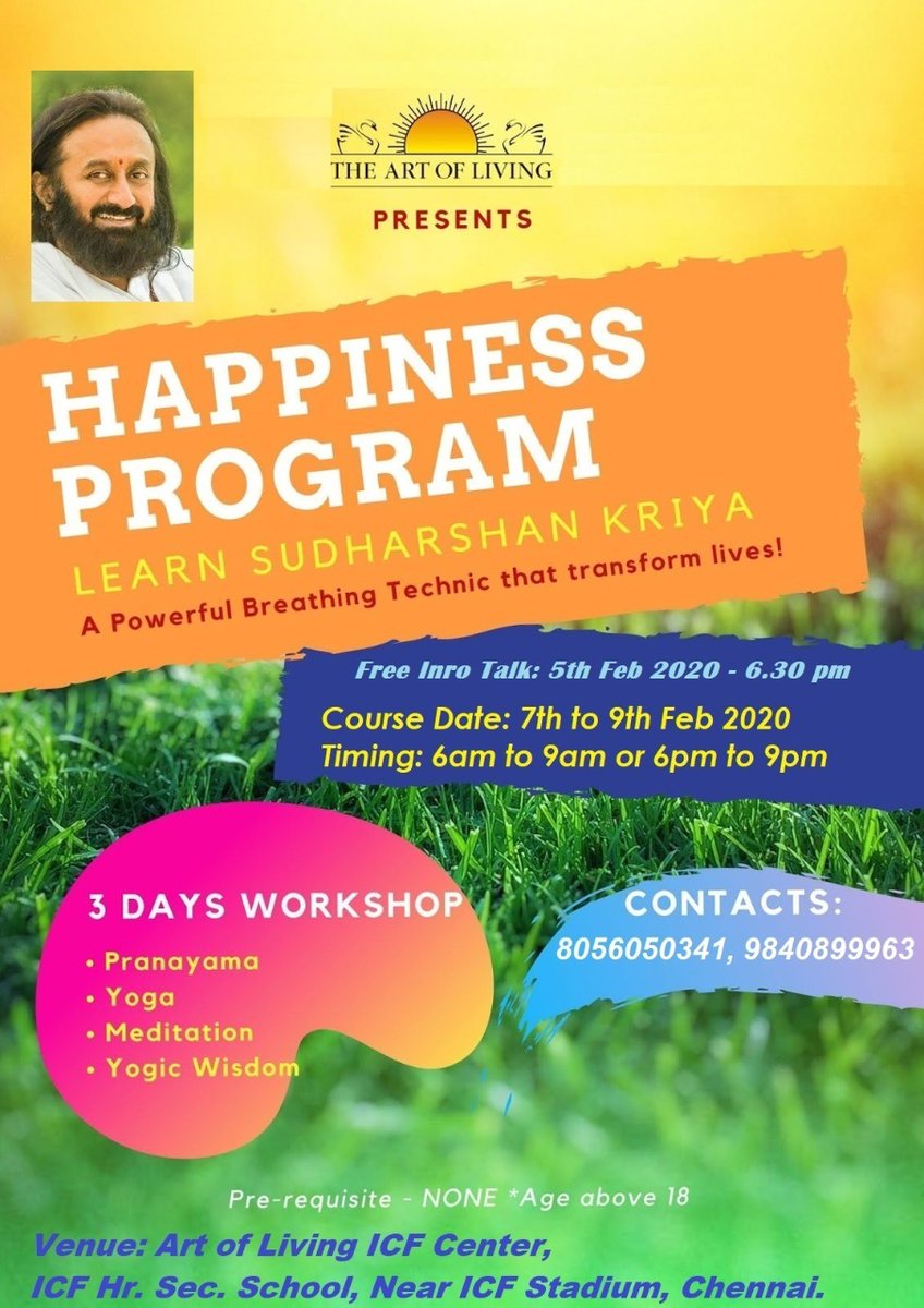 #HappinessProgram @artoflivingicf  Center, Free Intro Talk 5th Feb 2020 - 6.30pm @tamilsrisri @kpsureshbabu