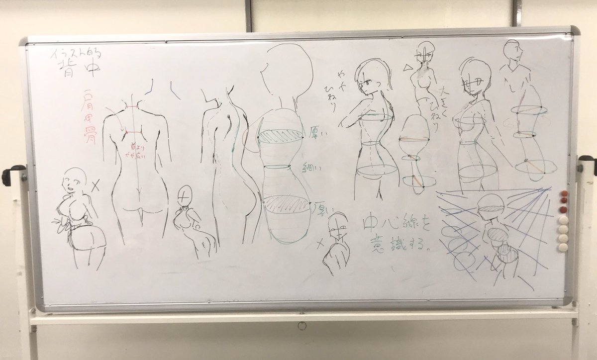 昨日の絵画教室では背中の描き方の解説で、途中から輪切りにした断面を意識した体の角度調整について授業しました。
体の構造(筋肉や骨など)を理解するのが苦手な方は、体を円柱の塊だと意識出来れば描き始めやすいので初心者にオススメの考え方です♪
#横浜ベイアートスクール 